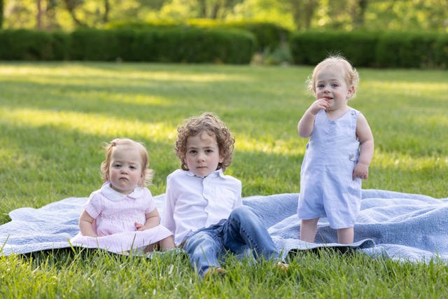 kids sitting on a blanket at Ault Park during a family photoshoot